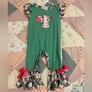 Adorable Green Cow Print Ruffle Romper